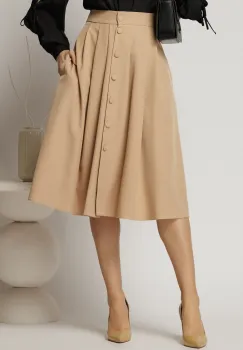 Fusta DY Fashion bej cu nasturi si pliuri din talie imagine