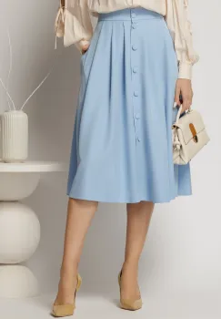 Fusta DY Fashion bleu cu nasturi si pliuri din talie imagine