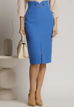 Fusta DY Fashion conica albastra cu decupaj la talie si lantisor auriu imagine