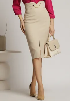 Fusta DY Fashion conica bej cu decupaj la talie si lantisor auriu imagine