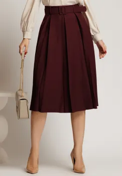 Fusta DY Fashion grena in clos cu pliuri ample si curea in talie imagine