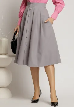 Fusta DY Fashion gri cu nasturi si pliuri din talie imagine