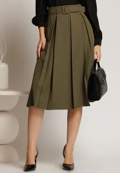 Fusta DY Fashion kaki in clos cu pliuri ample si curea in talie imagine