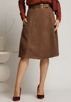 Fusta DY Fashion maro clos din piele intoarsa si curea in talie imagine