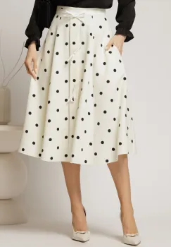 Fusta DY Fashion midi alba cu buline si fundite in contrast imagine