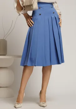 Fusta DY Fashion midi albastra cu pliuri si nasturi decorativi imagine