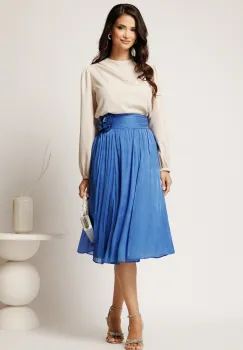 Fusta DY Fashion midi albastra in clos din voal cu insertii din fir lurex si floare in talie imagine