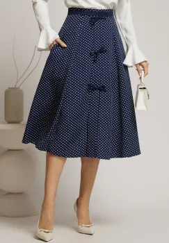 Fusta DY Fashion midi bleumarin cu buline si fundite in contrast imagine