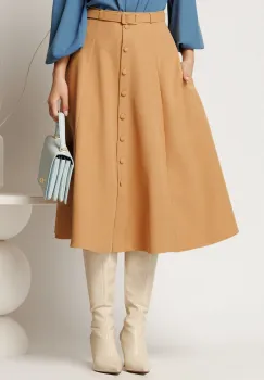 Fusta DY Fashion midi camel cu nasturi si curea in talie imagine