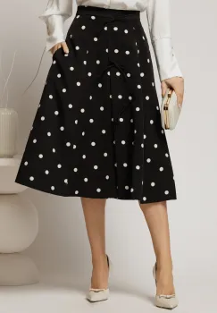 Fusta DY Fashion midi neagra cu buline si fundite in contrast imagine