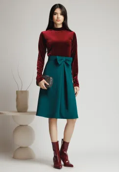 Fusta DY Fashion midi office din stofa verde cu funda si pliu pe talie imagine