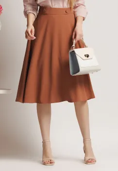 Fusta DY Fashion midi office din triplu voal maro cu nasturi pe talie imagine