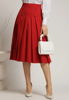 Fusta DY Fashion midi rosie cu pliuri si nasturi decorativi imagine