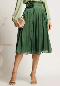 Fusta DY Fashion midi verde in clos din voal cu insertii din fir lurex si floare in talie imagine