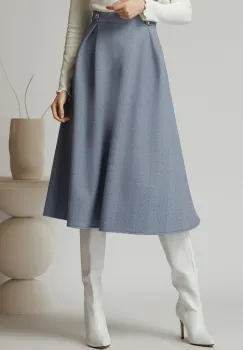 Fusta DY Fashion office din stofa albastra cu dungi si nasturi pe talie imagine