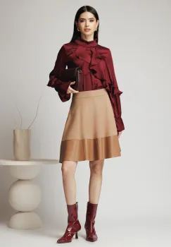 Fusta Dy Fashion office din stofa bej cu insertie din piele ecologica la baza imagine