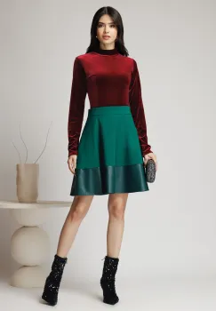 Fusta Dy Fashion office din stofa verde cu insertie din piele ecologica la baza imagine