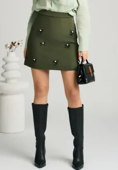 Fusta DY Fashion scurta din jerse kaki cu fundite imagine