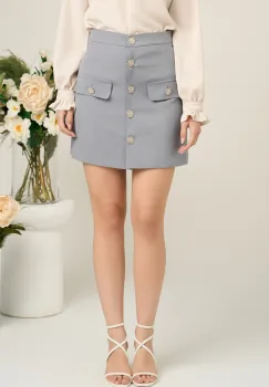 Fusta DY Fashion scurta office din stofa gri cu nasturi imagine