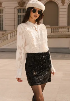 Fusta eleganta scurta din catifea neagra cu paiete imagine