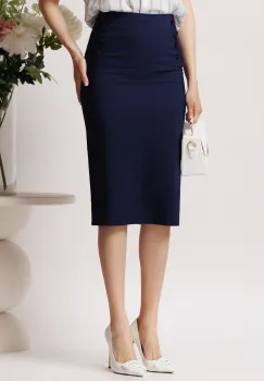 Fusta LaDonna midi office din stofa bleumarin cu nasturi decorativi imagine