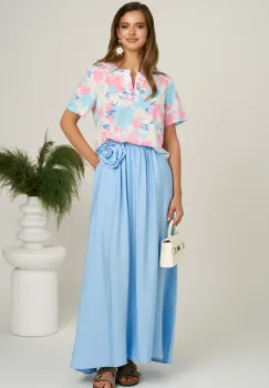 Fusta lunga bleu in clos din viscoza cu floare in talie imagine