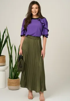 Fusta lunga kaki din satin cu pliuri imagine