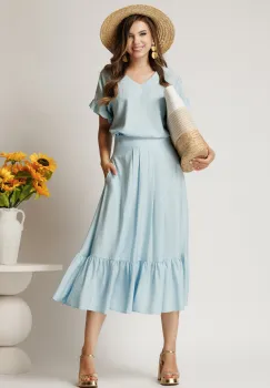 Fusta midi bleu din rayon in clos cu volan la baza imagine