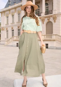 Fusta midi casual din in kaki cu nasturi si curea imagine