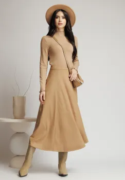 Fusta midi din catifea maro camel imagine