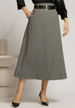 Fusta midi gri in carouri si buzunare imagine
