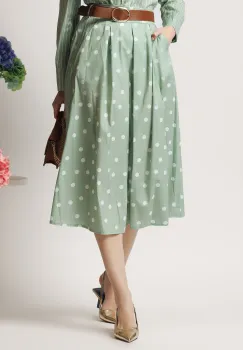 Fusta midi office din bumbac verde fistic cu buline si curea in talie imagine