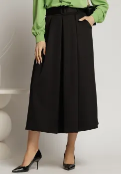 Fusta midi office neagra din jerse cu pliuri si curea in talie imagine