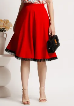 Fusta midi rosie din viscoza in clos cu dantela la baza imagine