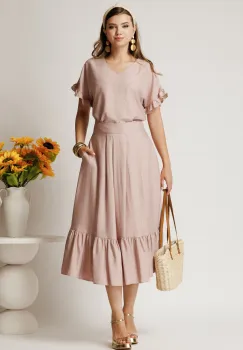 Fusta midi roz din rayon in clos cu volan la baza imagine