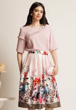 Fusta midi roz din tafta in clos cu flori la baza si pliuri imagine