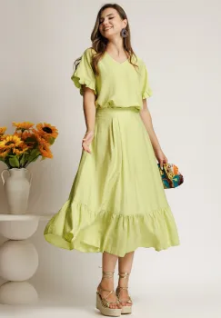 Fusta midi verde din rayon in clos cu volan la baza imagine