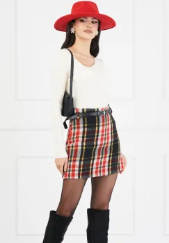 Fusta Simona rosie cu carouri negru-galben si curea in talie imagine