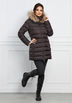 Geaca maro inchis cu blanita naturala la gluga imagine