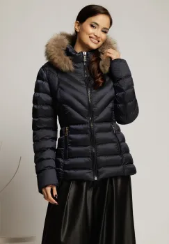 Geaca scurta bleumarin cu blanita naturala la gluga imagine