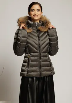 Geaca scurta gri cu blanita naturala la gluga imagine