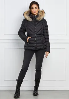 Geaca scurta neagra cu blanita naturala la gluga imagine