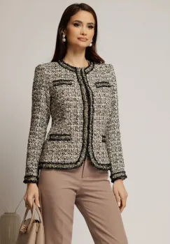 Jacheta DY Fashion din tweed alb negru cu pasmanterie in contrast imagine