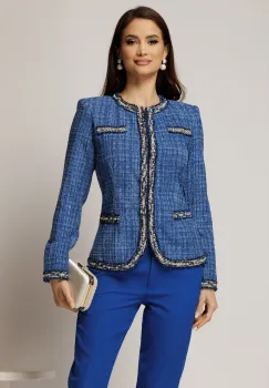 Jacheta DY Fashion din tweed albastru cu pasmanterie in contrast imagine
