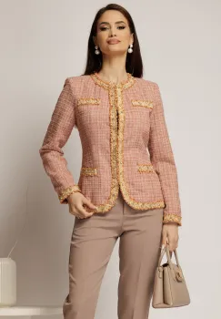 Jacheta DY Fashion din tweed roz somon cu pasmanterie in contrast imagine