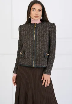 Jacheta DY Fashion elegant din tweed negru cu maro imagine