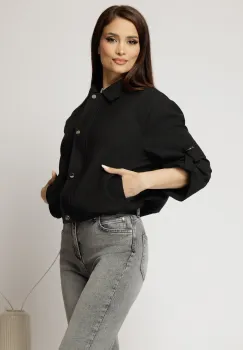 Jacheta neagra bomber cu elastic la talie si maneci trei sferturi imagine