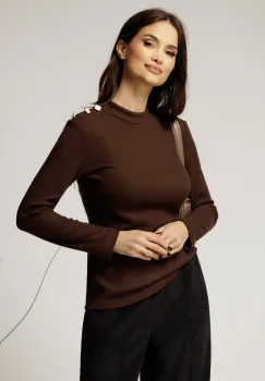 Maleta DY Fashion din tricot maro cu guler si nasturi decorativi imagine