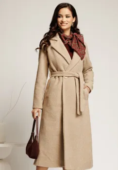 Palton bej din bucle cu croi drept si cordon in talie imagine