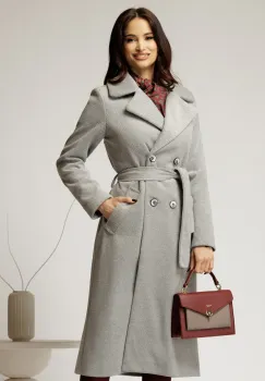 Palton Cristina midi gri cu dungi cu croi drept si cordon in talie imagine